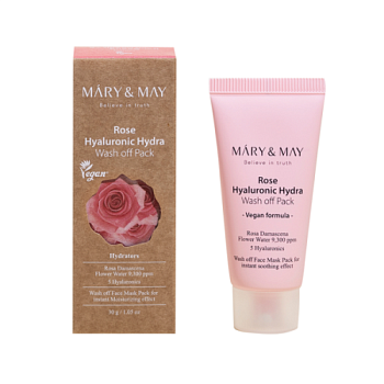 MARY&MAY, Глиняная маска для глубокого увлажнения 30 гр  - Rose Hyaluronic Hydra Wash off Pack